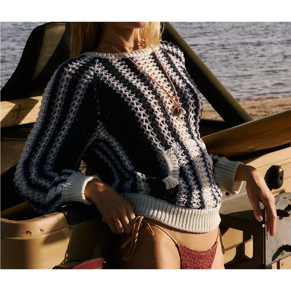 Free People Beach Dayton Pullover Sweater Blue White Large - Picture 5 of 15